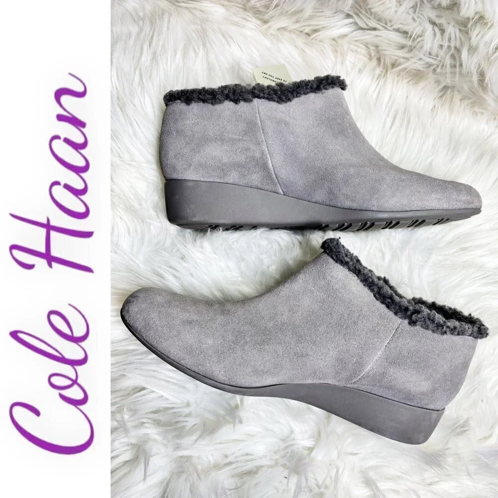 NWOB COLE HAAN Grand OS Callie Waterproof Suede Shearling Wedge Bootie‎ Gray, 10
